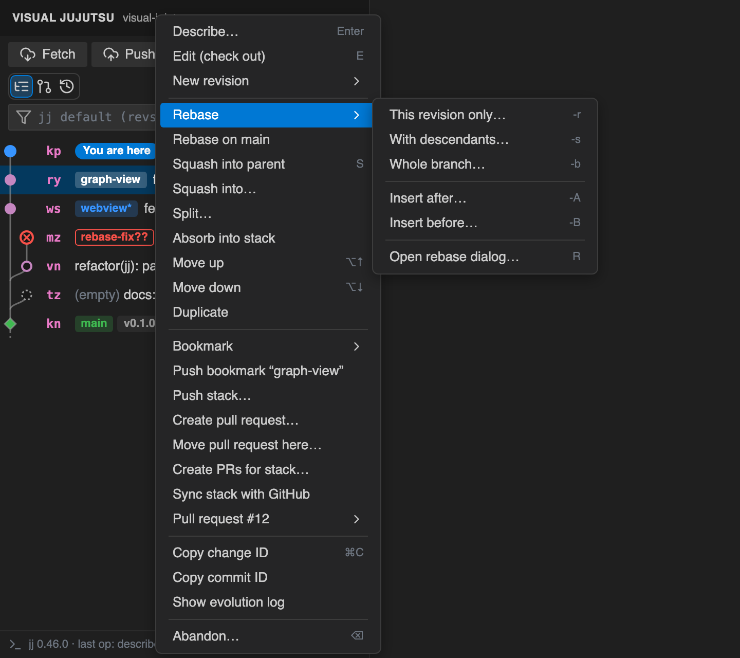 Revision context menu with the Rebase submenu open
