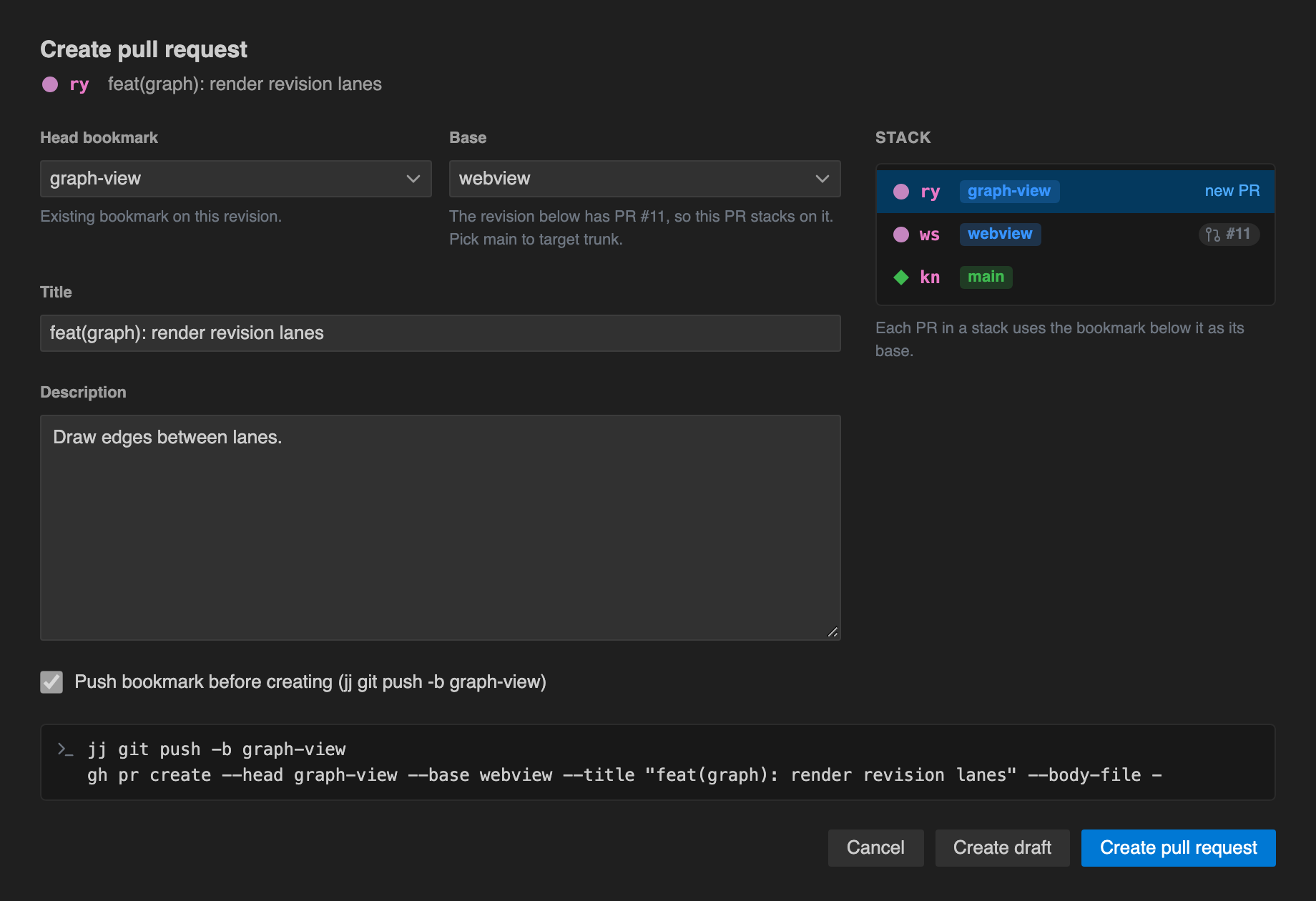 Create pull request form with head, base, title, description and the stack of revisions
