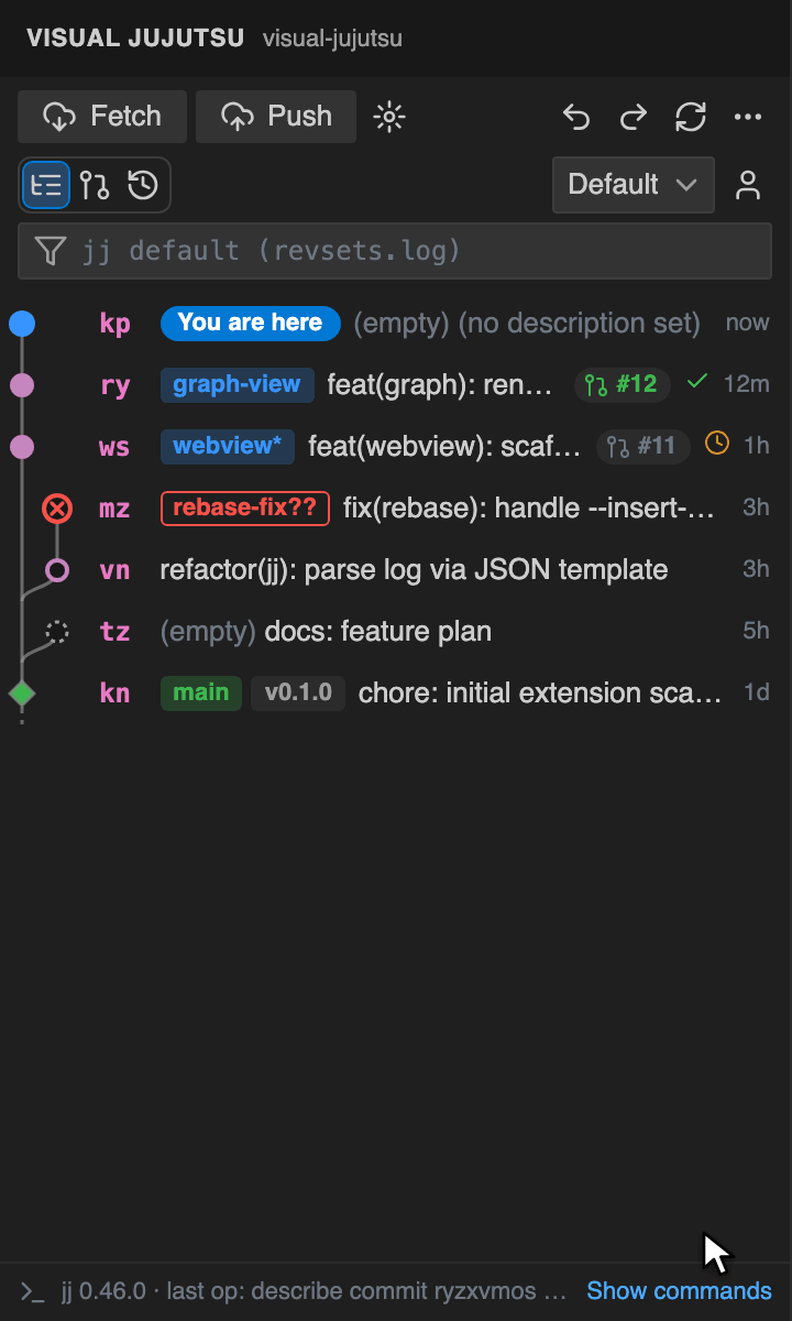Animation: dragging a stack onto another revision, holding Option to switch to -r, then dropping and the graph updating