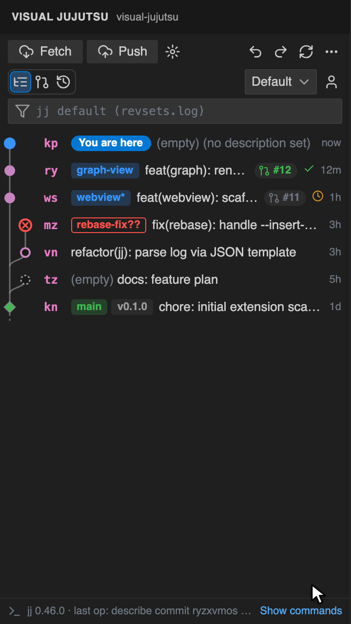 Animation: expanding a revision, selecting two files, dragging them onto another revision, and the files appearing there