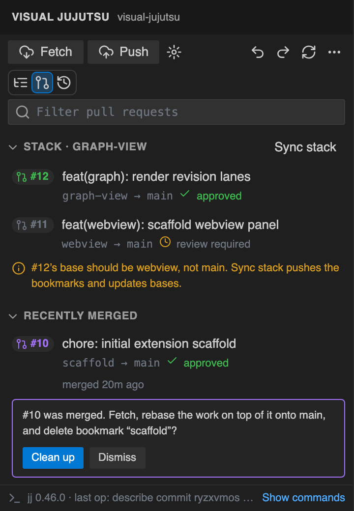 Pull requests view with a stack of two PRs, their checks and review state, and a merged PR ready to clean up