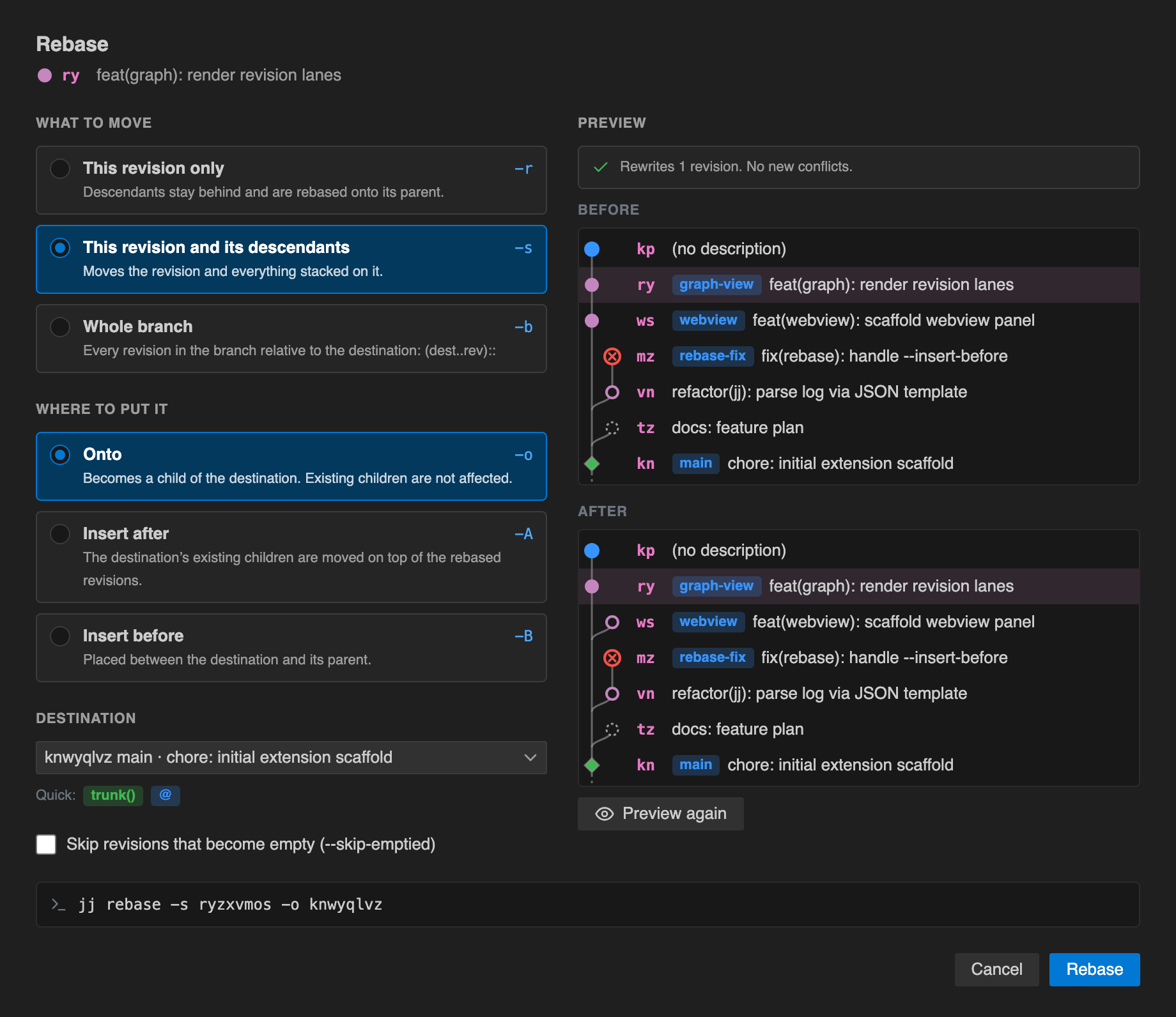 Rebase dialog with what-to-move and where-to-put-it options and the jj rebase command